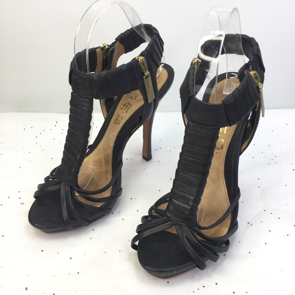 L A M B Gwen Stefani size 9 black strappy 5” high heels leather